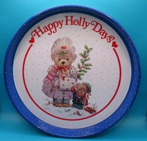 12" VINTAGE Round HAPPY HOLLY DAYS Giordano Metal Xmas TRAY - Picture 1 of 4