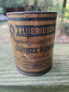  VINTAGE SELTENE KLEINE METALLDOSE BLAUES BAND BRONZE PULVER - Bild 1 von 14