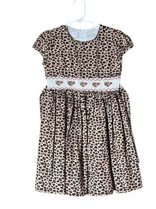 BONNIE JEAN Dress Girl’s 6X Brown Leopard Print Smocked Embroidered Lined Bow - Picture 1 of 8