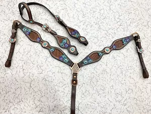 Juego de cabeza y cuello de pecho de cuero genuino occidental decorado para caballos MOUSM - Imagen 1 de 15