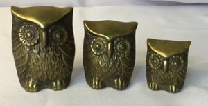 Vintage Leonard Solid Brass Owls Set Of 3 Paperweights MCM 1960s Mid Century - Picture 1 of 8