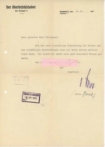 Brief mit eigenhändiger Unterschrift Oberbefehlshaber Gruppe 3 General von Bock - Bild 1 von 1