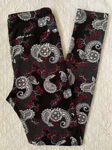 Lularoe Leggings OS Black Gray Red White Paisley Floral Flowers 2.0 - Picture 1 of 2