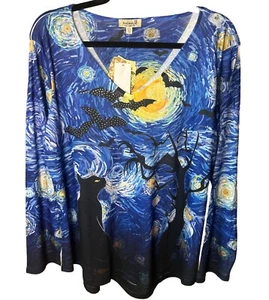 Van Gogh Starry Night Theme One World Black Cat Bats Embellished Blouse Women’s - Picture 1 of 5