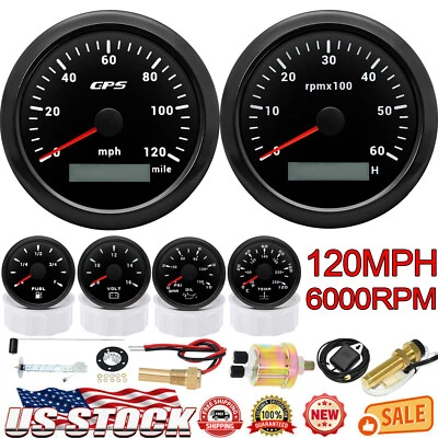 6 Gauge Set 85mm GPS Speedometer 120MPH Tacho/Fuel/Oil/Temp/Volt with Sensor US - Image 1 of 4