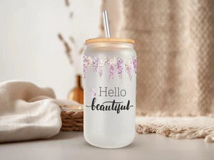 Hello Beautiful Frosted Glass Can, 16 Oz Wisteria Garden Glass Cup by Mugzan - Picture 1 of 7