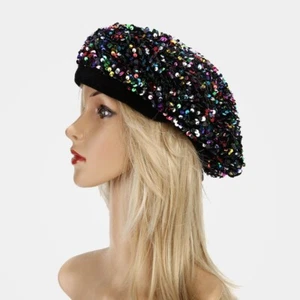 Dama Lentejuela Boina Sombrero Plano Gorro Cuerpo Preno Gorra Brillante Informal Pintor Moda Chic - Imagen 1 de 19