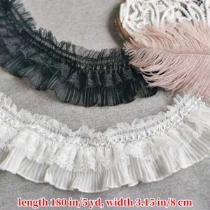 4.6m Doppio Strati Chiffon Pizzo Bordo Orlo Elasticizzato Plissettato Cucito 8cm - Foto 1 di 8