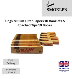 RAW Classic Kingsize Slim Papers 10 Packs with 10 Roach Tips Booklets 110mm - Picture 1 of 8