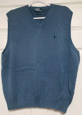 Polo Ralph Lauren винтажный мужской свитер жилет размер XXL серовато-синий вязаный хлопок - Изображение 1 из 4