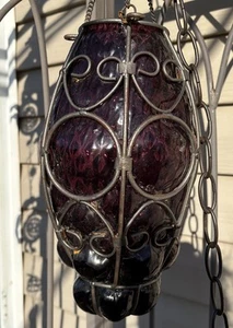 Italian MCM 1950's Hanging Venetian Cobalt Purple Seguso Murano? Glass Lantern - Picture 1 of 7