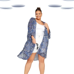 Ex Women's Plus Size Longline Tile Print Kimono in Blue/Mlt (Defect) - Picture 1 of 1