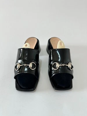 Gucci Black Patent Leather Horsebit Lexi Block Heel Slide Sandals Size 37 EU - Image 1 of 4