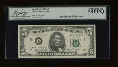DBR 1974 $5 FRN San Francisco Fr. 1973-L Legacy 58 PPQ Serial L84814992D - Image 1 of 2