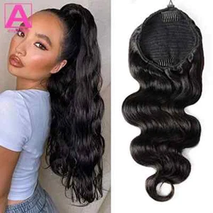 Body Wave Wrap Around Drawstring Ponytail Brazilian #1B Human Hair Extensions - Picture 1 of 6