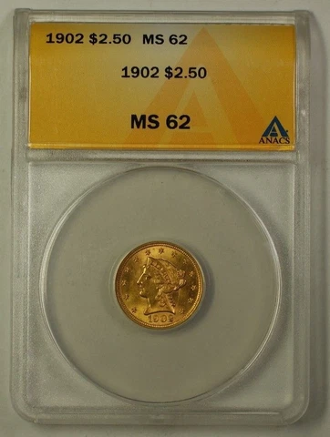 1902 Liberty Head Quarter Eagle $2.50 Gold Coin ANACS MS-62 (Better) Cover