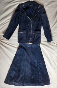 Vintage Beged-Or Suede Leather Sz 8 Suit Set Blazer and Skirt Navy Blue Isreal - Picture 1 of 14