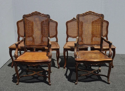 Set Six Spanish & French Style Cane Dining Throne Chairs SCs w Embossed Leather Cover
