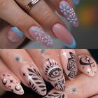 Moon Stars Press On Nails Blue Flowers False Nails French Eyes Long Almond