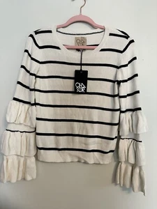 NWT Chaser Ribbed Navy Cream Striped Tiered Ruffle Sleeve Sweater Sz M - Bild 1 von 4