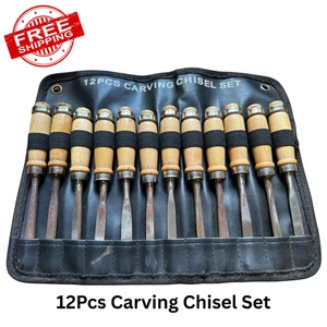 12pcs Wood Carving Chisel Set Woodworking Turning Gouges Lathe Tools w/ Case USE - Picture 1 of 10