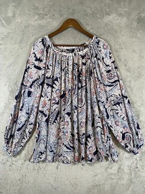 Blusa Chaps Mujer 2X Azul Rosa Paisley Manga Globo Fluido Boho Campesino Playa Foto 1 de 4