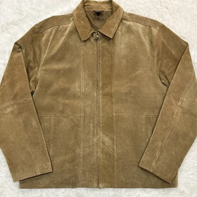 Chaqueta de cuero de gamuza Claiborne para hombre grande marrón camel con cremallera frontal, bolsillos Foto 1 de 4