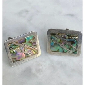 VINTAGE TAXCO 925 STERLING SILVER ABALONE INLAID CUFF LINKS SKY - Picture 1 of 7