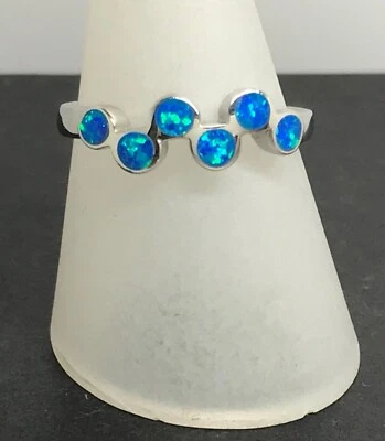 opal ring solid Sterling silver blue Multistone  round bubble, lab created  - Image 1 of 4