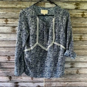 Skies are Blue Women's Blouse Size M Blue White Pattern Tie Detail Tab Sleeves - Picture 1 of 14
