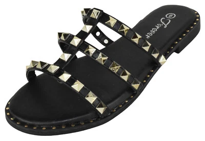 Forever Women Gladiator Sandals Studded Flat Slip-On Flip Flops DING Black Gold - Image 1 of 3