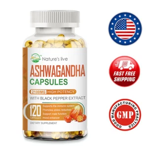 Organic Ashwagandha Capsules 2100mg Supplement w/ Black Pepper Root Powder - Picture 1 of 10