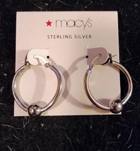 NEW Macys Sterling Silver Loop Earrings w/ Bead - Picture 1 of 3