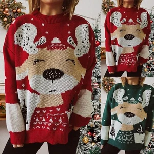 Damen Weihnachtspullover Cartoon Muster Rundhals Langarm Strickpullover - Bild 1 von 17
