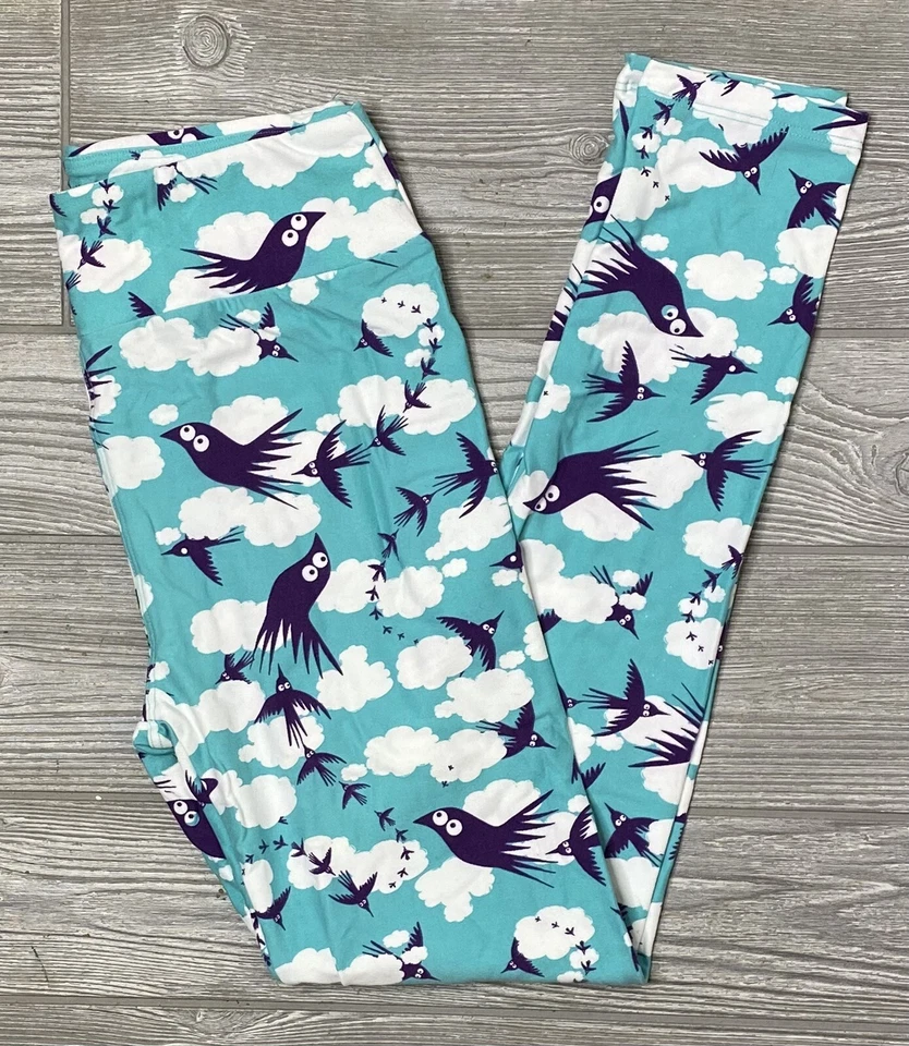 NEW Vintage LuLaRoe OS Leggings Mint Teal Blue Purple Birds Clouds Sky One Size - Image 1 of 1