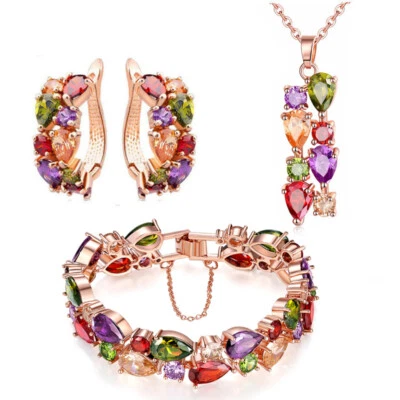 3pc Lot Mona Lisa Women Jewelry Garnet Topaz Gems Bracelet Earrings Necklaces - Image 1 of 4