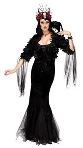 Sexy Raven Mistress Costume Womens Halloween Black Witch  Sorceress Fancy Dress