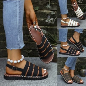 Womens Summer Open Toe Buckle Sandals Ladies Weaving Flat Strappy Rome Shoes UK - Picture 1 of 20