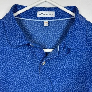 Peter Millar Polo Shirt Performance Golf Floral Print Blue Mens Sz Large - Picture 1 of 7