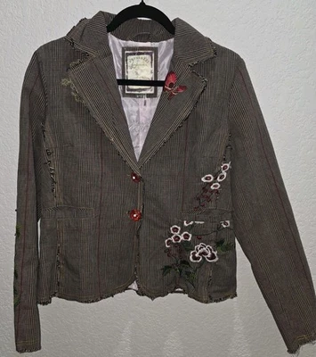 Paparazzi Floral Embroidered Blazer Jacket Size M Boho Floral Textile Art Plaid - Image 1 of 4