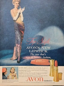 1958 Avon Top Style lápiz labial para mujer techo Chapman vestido de noche anuncio vintage - Imagen 1 de 1