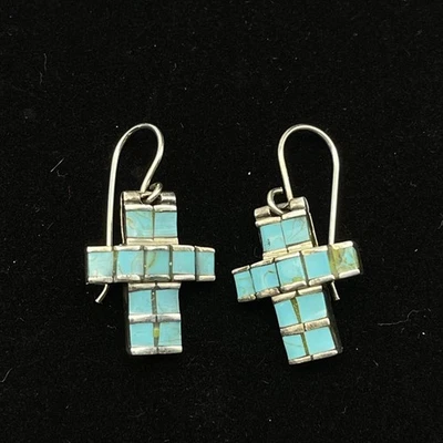 Pendientes de gancho colgantes de cruz con incrustaciones de turquesa 925 de plata de ley LEER Foto 1 de 4