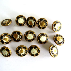 Juego 14 Botones Antiguos Corpiño Latón Dorado Esmalte Negro - Los Centros tienen desgaste 1/4" - Imagen 1 de 6