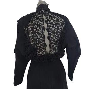 Vintage 80s Nancy Johnson Dress 8 Midi Lace Cut Out Pleats Open Back Black - Picture 1 of 22