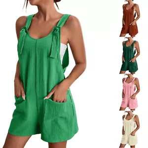 Womens Tie Shoulder Loose Mini Jumpsuit Shorts Dungaree Playsuit Overalls Romper - Picture 1 of 39