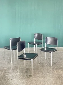 4er Set Matteo Grassi postmoderne schwarze Leder Esszimmerstühle, Italien, 80er Jahre - Bild 1 von 13