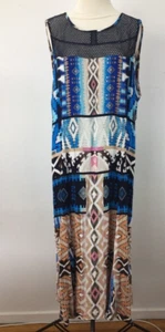 ROCKMANS SIZE 14 WOMENS AZTEC PRINT SHEER NECK DETAIL MAXI DRESS STRETCH NEW TAG - Picture 1 of 11