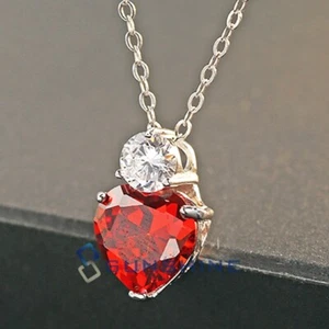 Sterling Silver Red Heart Garnet Pendant Necklace Valentine's Day For Her Mom - Picture 1 of 17