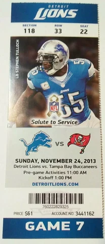 2013 Detroit Lions Tampa Bay Buccaneers NFL Football Full Ticket Stub Cover