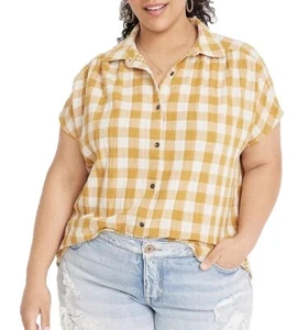 NEW Maurices Gingham Dolman Womens Top Plus Sz XXL Metallic Gold Button Up Shirt - Picture 1 of 10